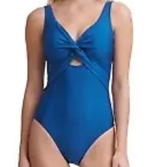 DKNY Women's Blue Stretch Moderate Coverage Peek-a-boo One Piece Swimsuit - Picture 4 of 10